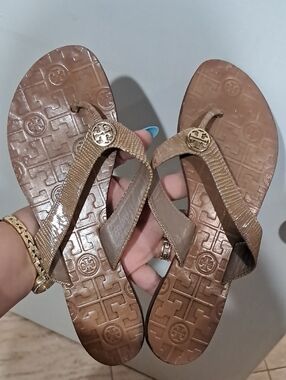 Tory Burch Tan Brown Logo Thong Sandals